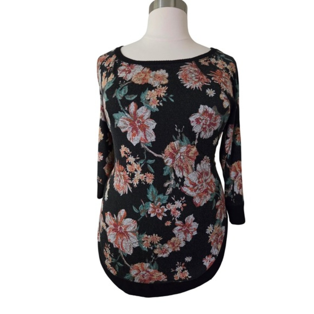 Maurices Womens XXL Black Floral Knit Top 3/4 Sleeve Scoop Neck New With Tags